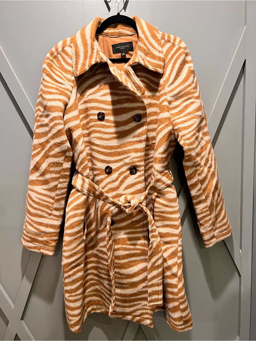 Ann Taylor Camel & Cream Zebra-Print Double-Breasted Belted Trench Coat
